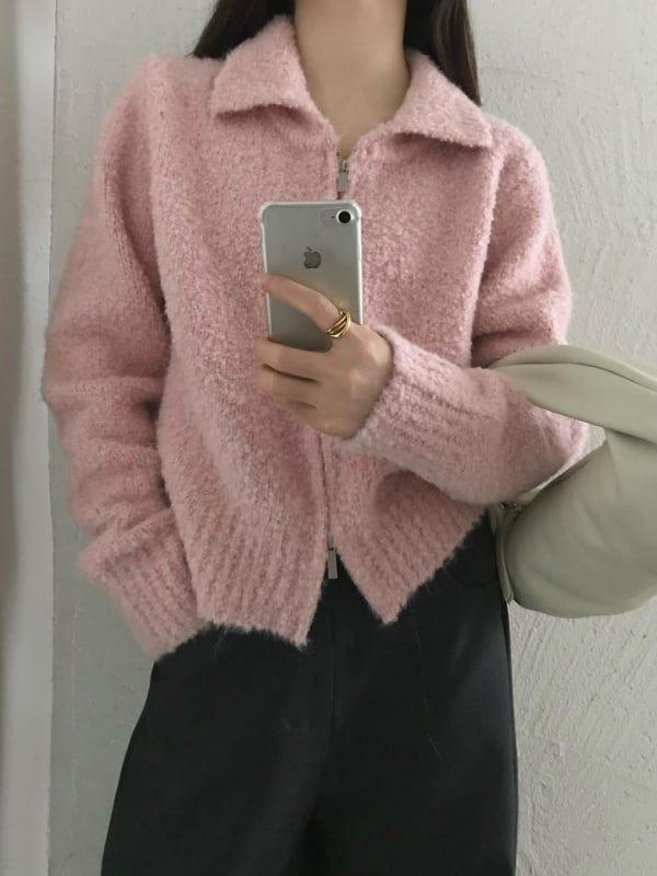 Ženski pleteni kardigan u korejskom stilu, ovratnik s lapelom, dugi rukavi, zatvarač, kratka duljina (40–50 cm), Circle Yarn materijal