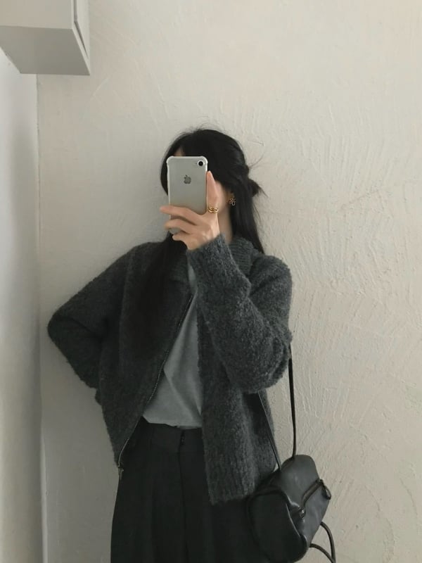 Ženski pleteni kardigan u korejskom stilu, ovratnik s lapelom, dugi rukavi, zatvarač, kratka duljina (40–50 cm), Circle Yarn materijal