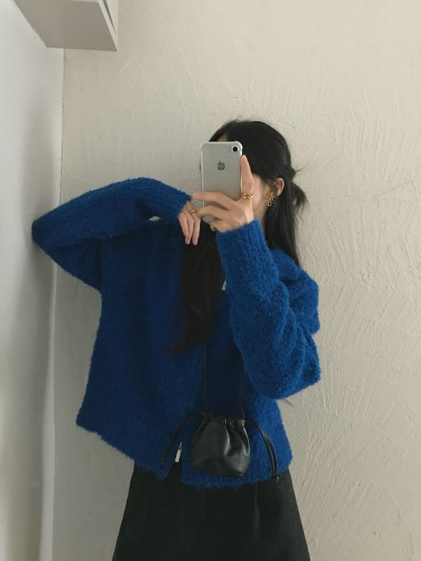 Ženski pleteni kardigan u korejskom stilu, ovratnik s lapelom, dugi rukavi, zatvarač, kratka duljina (40–50 cm), Circle Yarn materijal