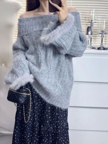 Pleteni džemper s twist pleteninom, ovratnik tipa jedne linije, široki kroj, poliester mješavina 50-70%