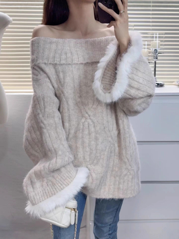 Pleteni džemper s twist pleteninom, ovratnik tipa jedne linije, široki kroj, poliester mješavina 50-70%