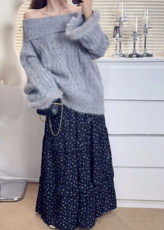 Pleteni džemper s twist pleteninom, ovratnik tipa jedne linije, široki kroj, poliester mješavina 50-70%