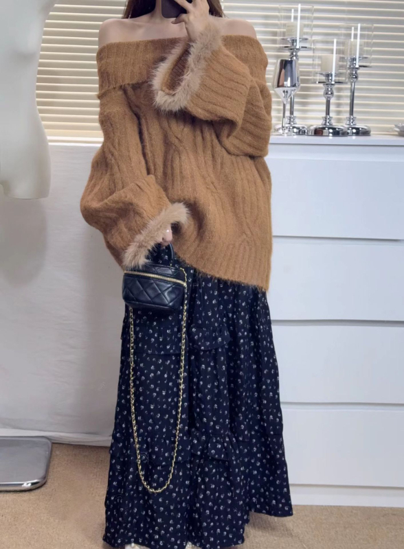 Pleteni džemper s twist pleteninom, ovratnik tipa jedne linije, široki kroj, poliester mješavina 50-70%