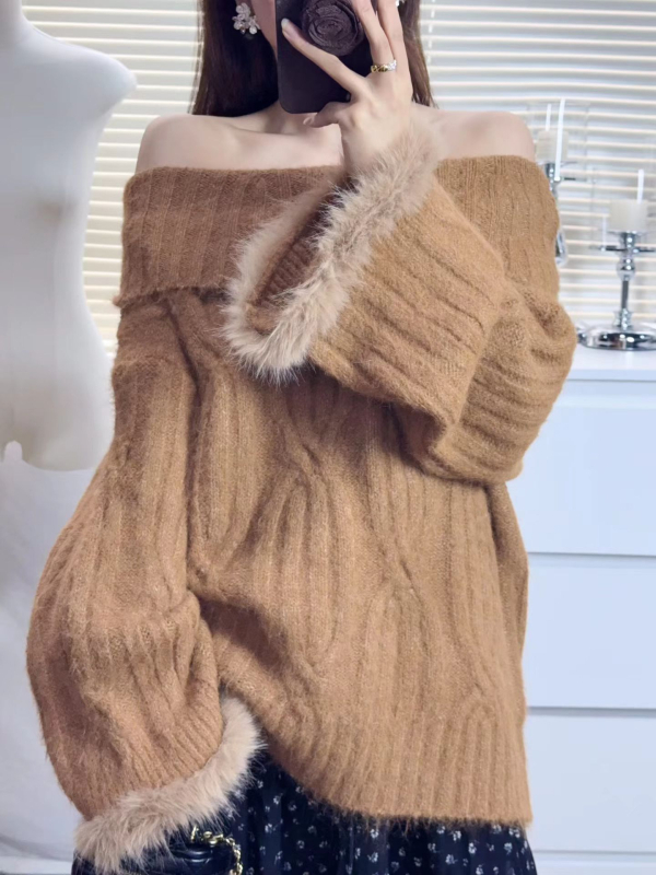 Pleteni džemper s twist pleteninom, ovratnik tipa jedne linije, široki kroj, poliester mješavina 50-70%