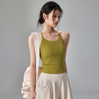 Top de yoga pentru femei din nylon-elastan, cu pernuțe încorporate pentru sâni, bretele subțiri, spate halter, lungime până la abdomen