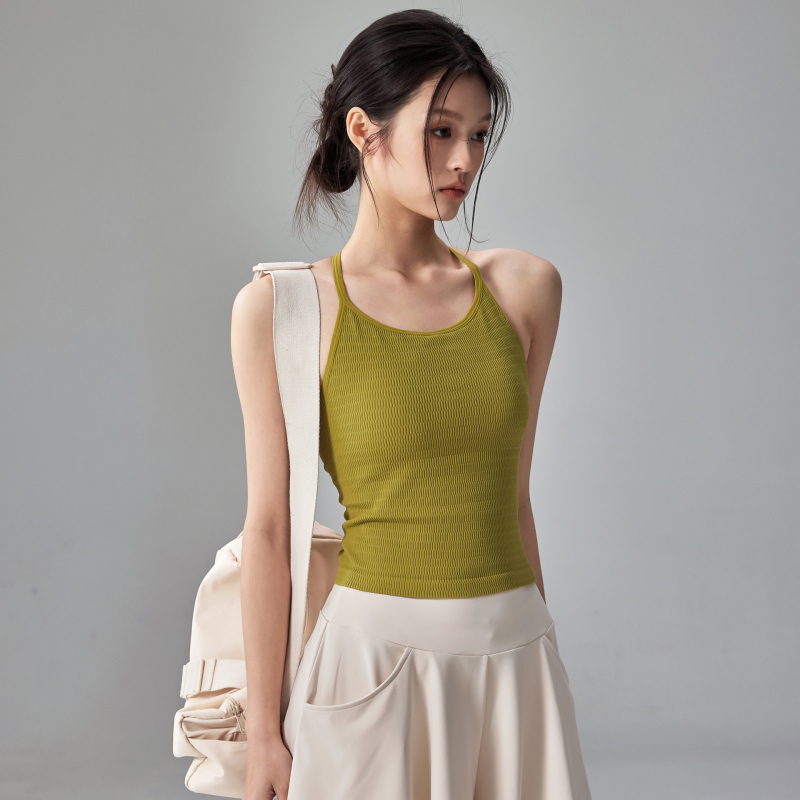 Top de yoga pentru femei din nylon-elastan, cu pernuțe încorporate pentru sâni, bretele subțiri, spate halter, lungime până la abdomen