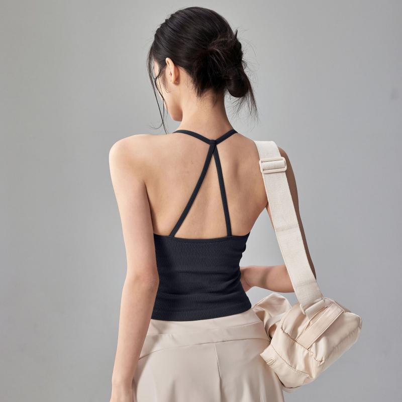 Top de yoga pentru femei din nylon-elastan, cu pernuțe încorporate pentru sâni, bretele subțiri, spate halter, lungime până la abdomen