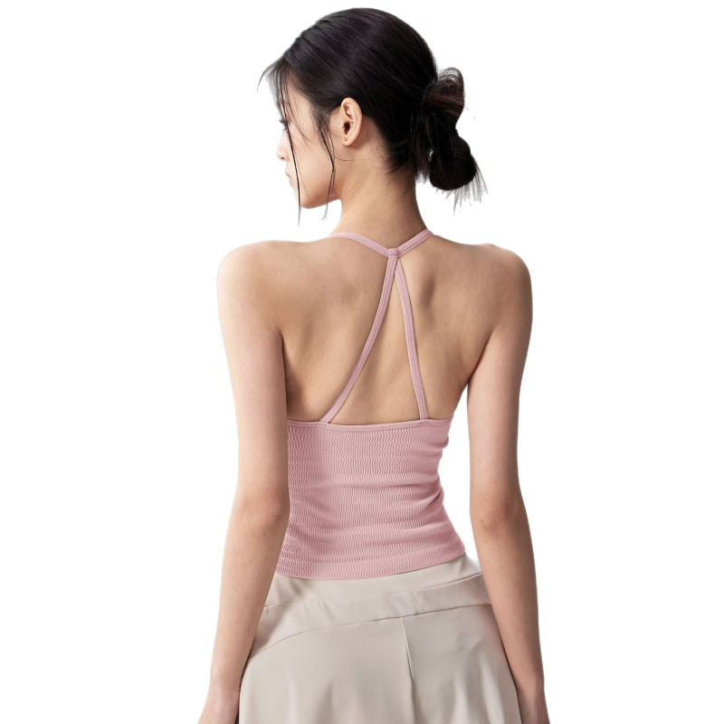 Top de yoga pentru femei din nylon-elastan, cu pernuțe încorporate pentru sâni, bretele subțiri, spate halter, lungime până la abdomen