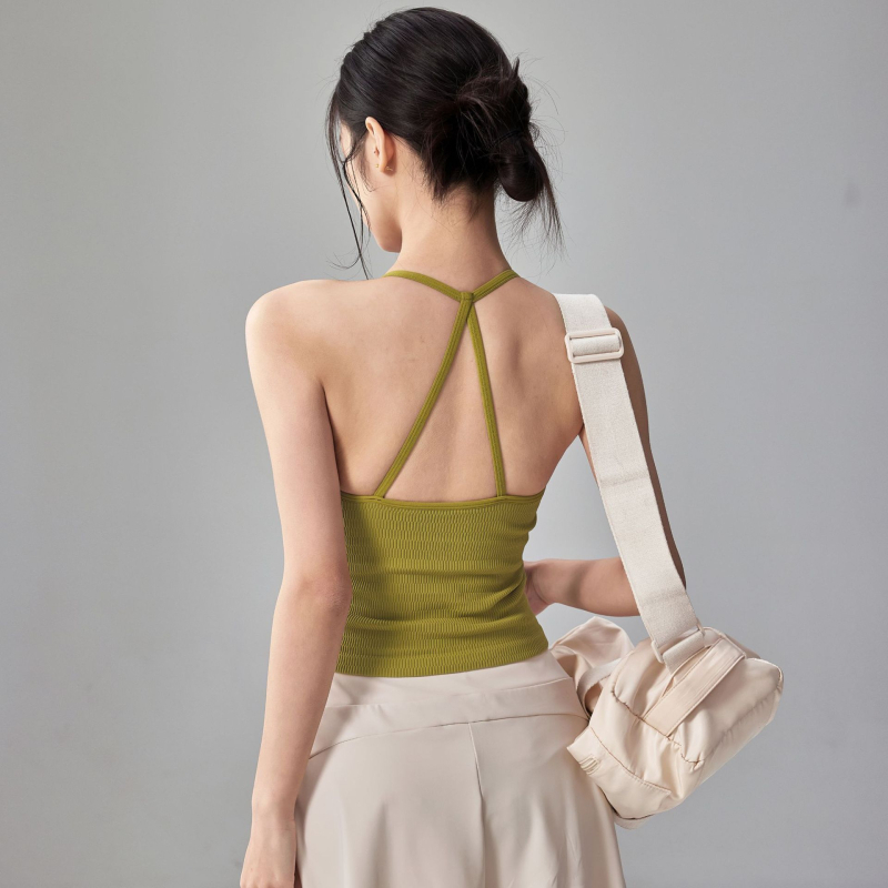 Top de yoga pentru femei din nylon-elastan, cu pernuțe încorporate pentru sâni, bretele subțiri, spate halter, lungime până la abdomen