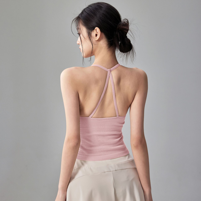 Top de yoga pentru femei din nylon-elastan, cu pernuțe încorporate pentru sâni, bretele subțiri, spate halter, lungime până la abdomen