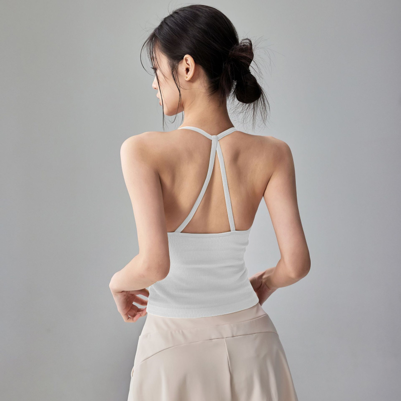 Top de yoga pentru femei din nylon-elastan, cu pernuțe încorporate pentru sâni, bretele subțiri, spate halter, lungime până la abdomen