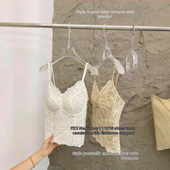 Medvilninė camišolė su nėrinių ir žuvies kaulo linija, liemens siaurinimas, be siūlių dizainas, įmontuoti puodeliai, V kaklo iškirptė, petnešėlės