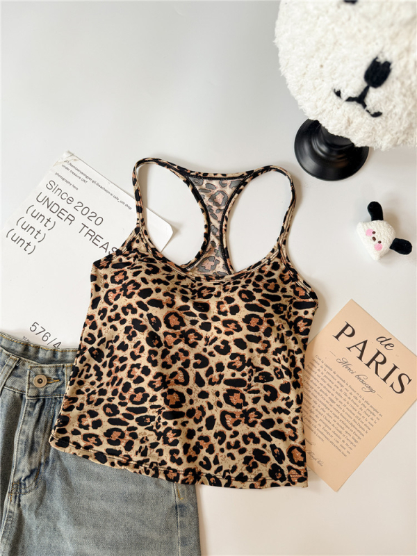 Nėr rankovių topas su leopardo raštu — siauras siluetas, trumpas ilgis 40–50 cm, poliesterio audinys, pagrindinis audinys 95%+