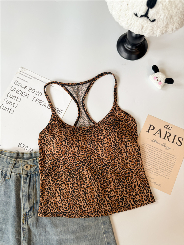 Nėr rankovių topas su leopardo raštu — siauras siluetas, trumpas ilgis 40–50 cm, poliesterio audinys, pagrindinis audinys 95%+