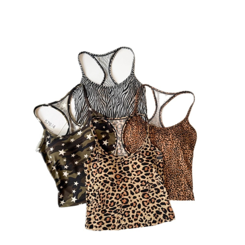 Nėr rankovių topas su leopardo raštu — siauras siluetas, trumpas ilgis 40–50 cm, poliesterio audinys, pagrindinis audinys 95%+