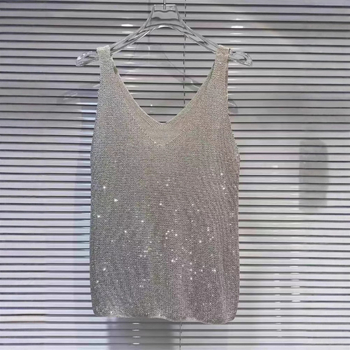 Megztas palaidinė su kristalų apykakle - Moterų vasaros palaidinė, siauras kirpimas, ilgis 50–65 cm, imitacinis lino audinys