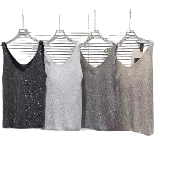 Megztas palaidinė su kristalų apykakle - Moterų vasaros palaidinė, siauras kirpimas, ilgis 50–65 cm, imitacinis lino audinys