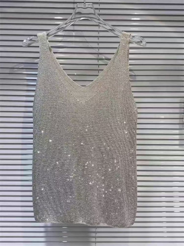 Megztas palaidinė su kristalų apykakle - Moterų vasaros palaidinė, siauras kirpimas, ilgis 50–65 cm, imitacinis lino audinys