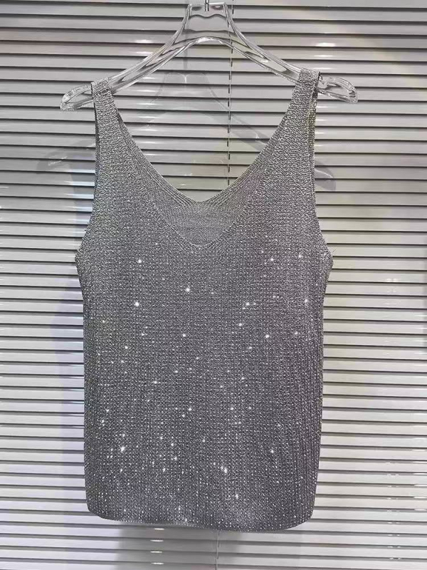 Megztas palaidinė su kristalų apykakle - Moterų vasaros palaidinė, siauras kirpimas, ilgis 50–65 cm, imitacinis lino audinys