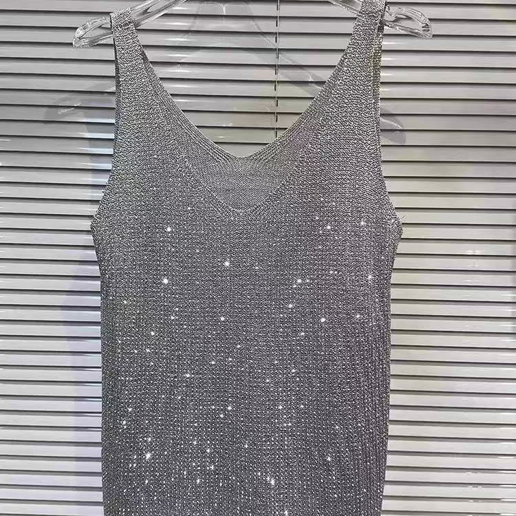 Megztas palaidinė su kristalų apykakle - Moterų vasaros palaidinė, siauras kirpimas, ilgis 50–65 cm, imitacinis lino audinys