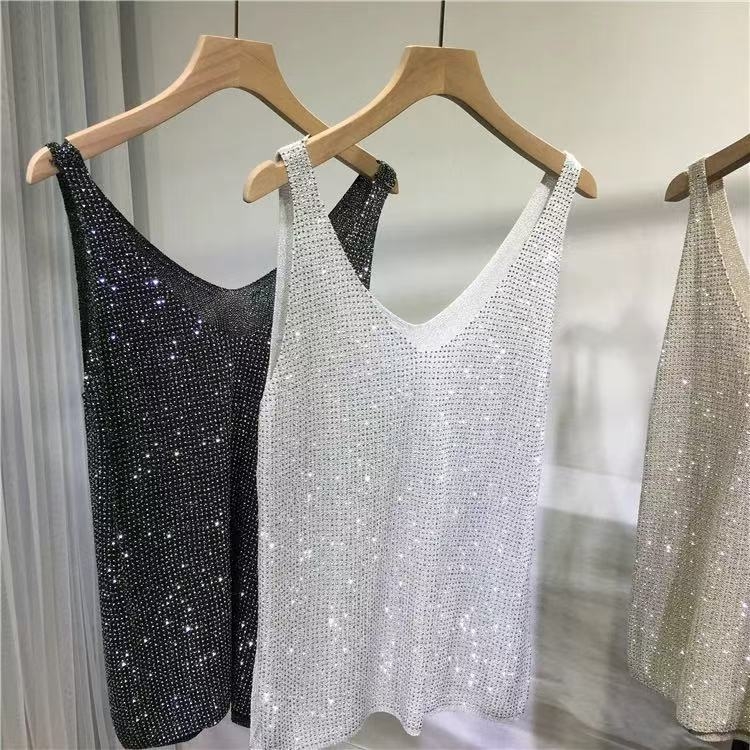 Megztas palaidinė su kristalų apykakle - Moterų vasaros palaidinė, siauras kirpimas, ilgis 50–65 cm, imitacinis lino audinys