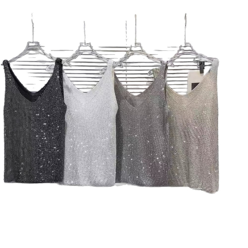 Megztas palaidinė su kristalų apykakle - Moterų vasaros palaidinė, siauras kirpimas, ilgis 50–65 cm, imitacinis lino audinys