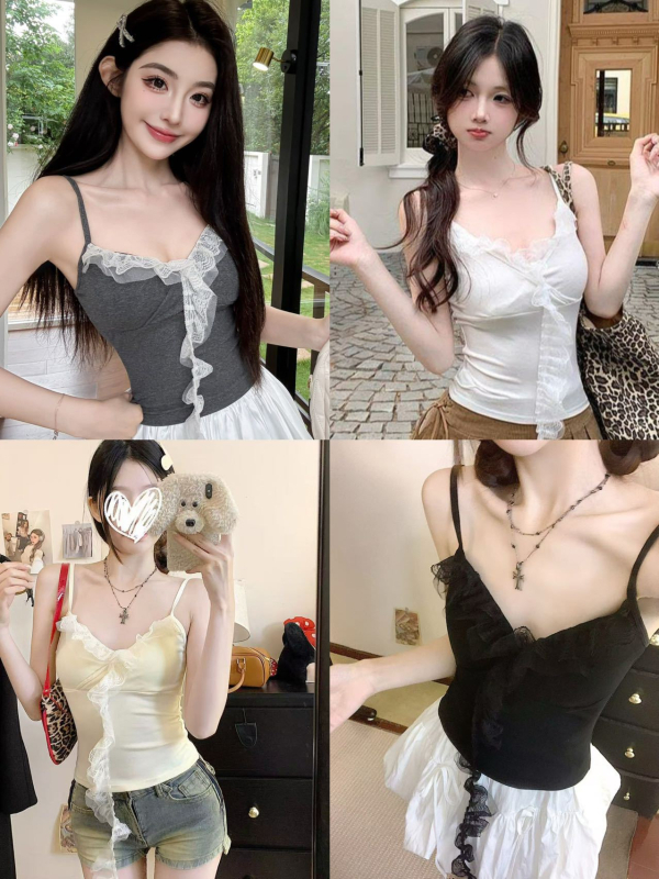 Camisole su nėrinių apdaila ir putplasčio pagalvėle, petnešos Sling stiliaus, iš RC medvilnės, 90–95% medvilnė, audinio tankis 181–200 g/m2, tinkamas visiems sezonams, vasaros 2025 pristatymas