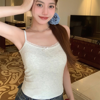 Nėrinių kaspinu camišolė be rankovių; sling/Korejos stilius; stora medžiaga, 90–95% medvilnė