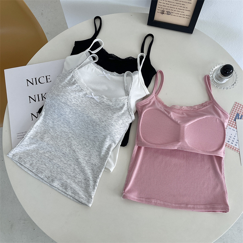 Nėrinių kaspinu camišolė be rankovių; sling/Korejos stilius; stora medžiaga, 90–95% medvilnė