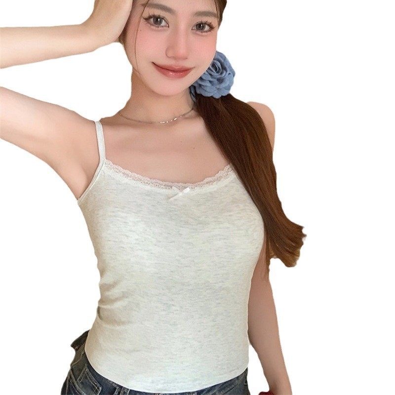 Nėrinių kaspinu camišolė be rankovių; sling/Korejos stilius; stora medžiaga, 90–95% medvilnė