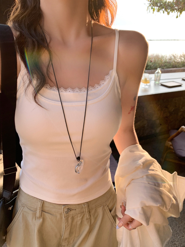 Moterų camisole viršus, sling stilius, korėjietiškas laisvalaikis, siauras kirpimas, labai trumpas ilgis, vasara 2025, medvilnė 50–70%