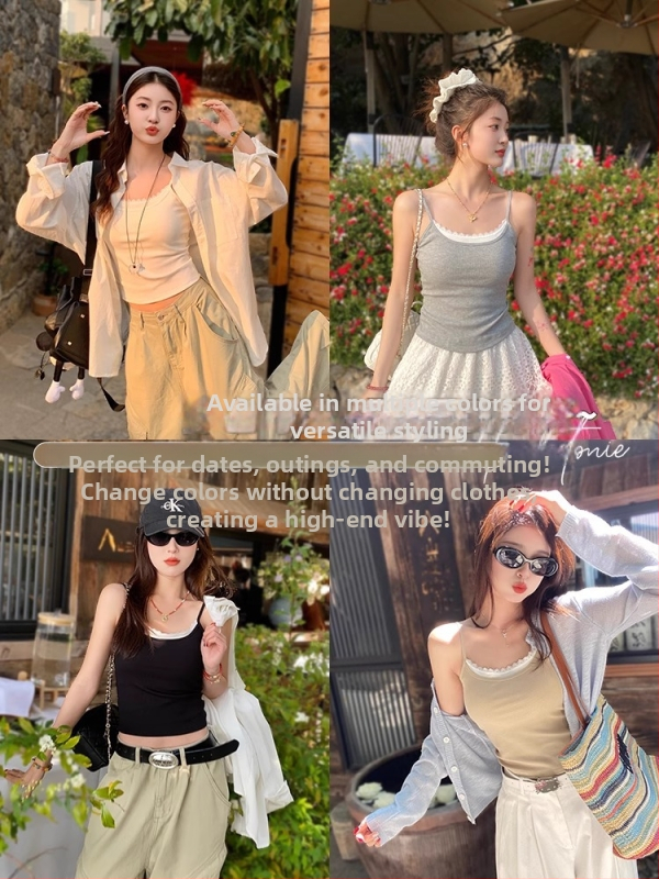 Moterų camisole viršus, sling stilius, korėjietiškas laisvalaikis, siauras kirpimas, labai trumpas ilgis, vasara 2025, medvilnė 50–70%