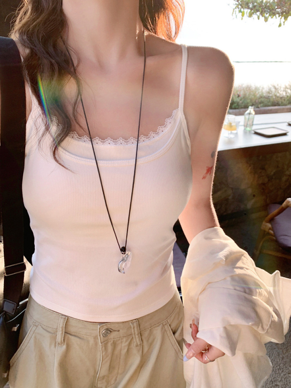 Moterų camisole viršus, sling stilius, korėjietiškas laisvalaikis, siauras kirpimas, labai trumpas ilgis, vasara 2025, medvilnė 50–70%