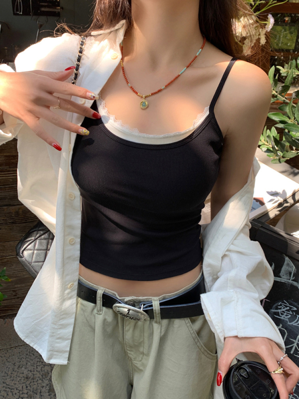 Moterų camisole viršus, sling stilius, korėjietiškas laisvalaikis, siauras kirpimas, labai trumpas ilgis, vasara 2025, medvilnė 50–70%