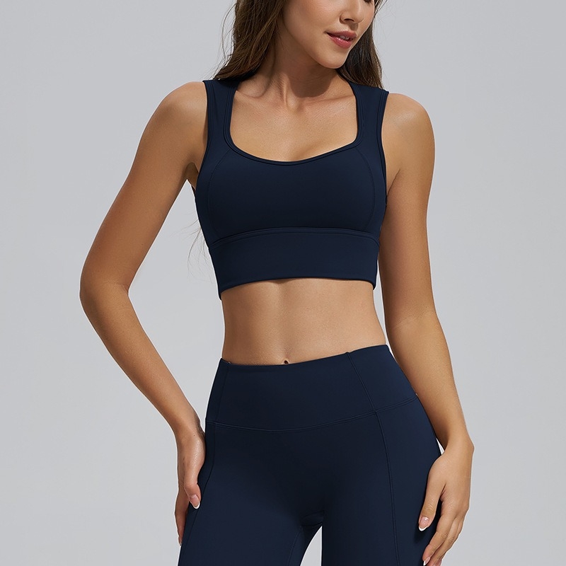 Sutien sport de yoga fără spate, cupe fixe integrate, susținere înaltă, Push-Up rezistent la șocuri, bretele late, material respirabil din Spandex