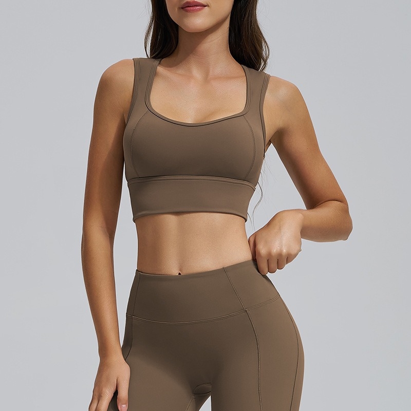 Sutien sport de yoga fără spate, cupe fixe integrate, susținere înaltă, Push-Up rezistent la șocuri, bretele late, material respirabil din Spandex