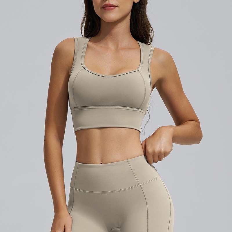 Sutien sport de yoga fără spate, cupe fixe integrate, susținere înaltă, Push-Up rezistent la șocuri, bretele late, material respirabil din Spandex