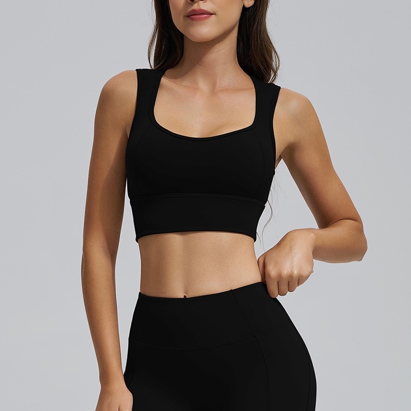Sutien sport de yoga fără spate, cupe fixe integrate, susținere înaltă, Push-Up rezistent la șocuri, bretele late, material respirabil din Spandex