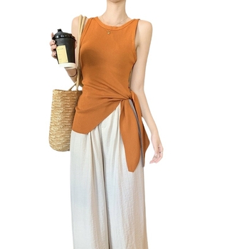 Moterų megztinis be rankovių su šonine juosta, Korėjietiškas dizainas, siauras kirpimas, trumpas ilgis, poliesteris (50–70%)