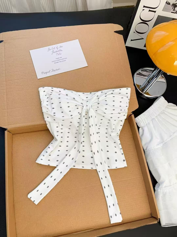 Дамски камизол топ без презрамки с точков принт (Стил: Slim-Fit; Дължина: ултра къс ≤40 см; Принт: точков; Плат: Rayon)