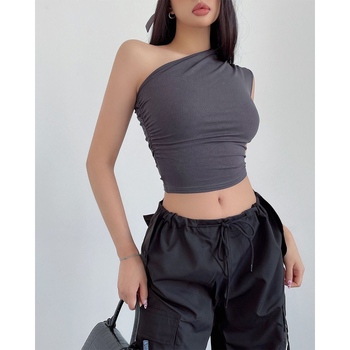 Moterų vieno peties top, be rankovių, siauras siluetas, audinys Milk Silk su Spandex, Spandex dalis <30%, ruduo 2023