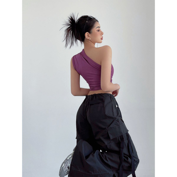 Moterų vieno peties top, be rankovių, siauras siluetas, audinys Milk Silk su Spandex, Spandex dalis <30%, ruduo 2023