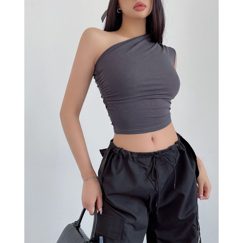 Moterų vieno peties top, be rankovių, siauras siluetas, audinys Milk Silk su Spandex, Spandex dalis <30%, ruduo 2023