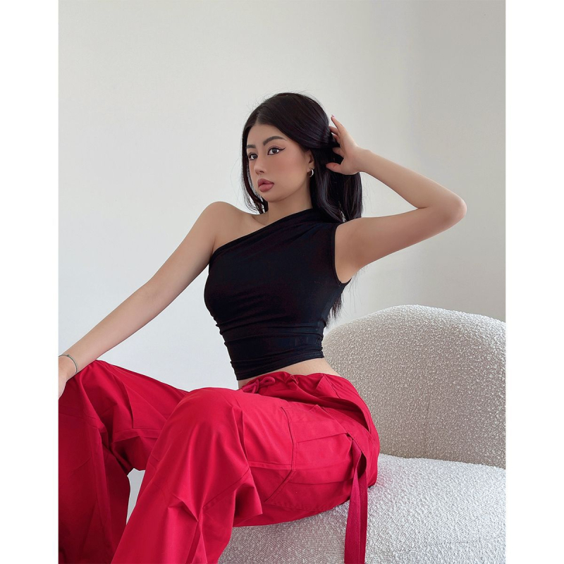 Moterų vieno peties top, be rankovių, siauras siluetas, audinys Milk Silk su Spandex, Spandex dalis <30%, ruduo 2023