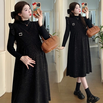 Grūtnieču komplekts rudens-ziemas, brīvs siluets, kleita ar žaketi ar zvaigžņu debesīm rakstu, divu gabalu svārku kostīms (Chenille; Spandex; <30%; svārku garums)