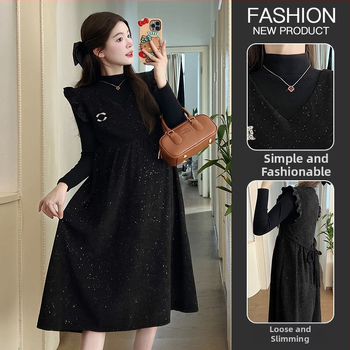 Grūtnieču komplekts rudens-ziemas, brīvs siluets, kleita ar žaketi ar zvaigžņu debesīm rakstu, divu gabalu svārku kostīms (Chenille; Spandex; <30%; svārku garums)