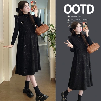 Grūtnieču komplekts rudens-ziemas, brīvs siluets, kleita ar žaketi ar zvaigžņu debesīm rakstu, divu gabalu svārku kostīms (Chenille; Spandex; <30%; svārku garums)