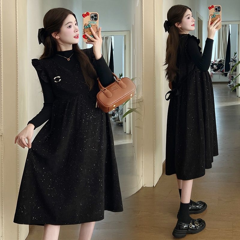 Grūtnieču komplekts rudens-ziemas, brīvs siluets, kleita ar žaketi ar zvaigžņu debesīm rakstu, divu gabalu svārku kostīms (Chenille; Spandex; <30%; svārku garums)