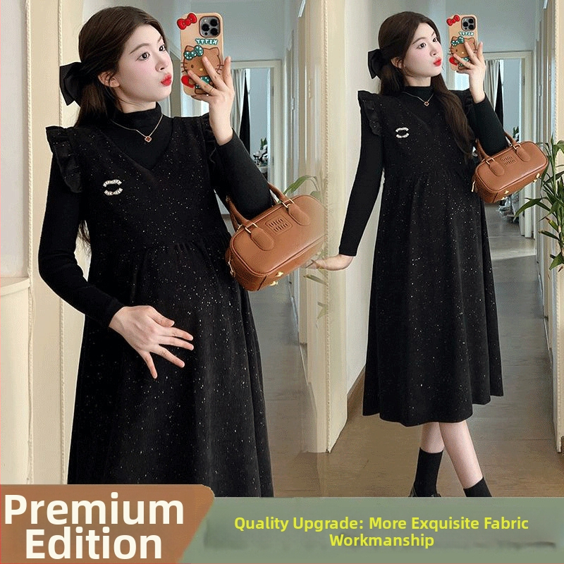 Grūtnieču komplekts rudens-ziemas, brīvs siluets, kleita ar žaketi ar zvaigžņu debesīm rakstu, divu gabalu svārku kostīms (Chenille; Spandex; <30%; svārku garums)