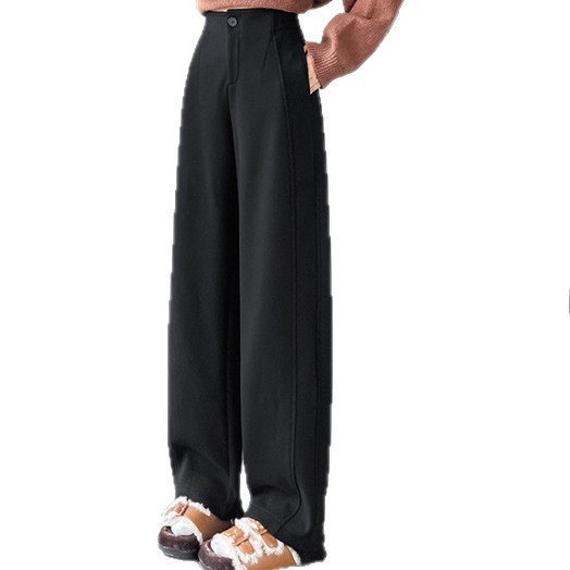 Ženske hlače s visokim strukom i širokim krojem, podstavljene flisom, tweed tekstura, jesen-zima, casual